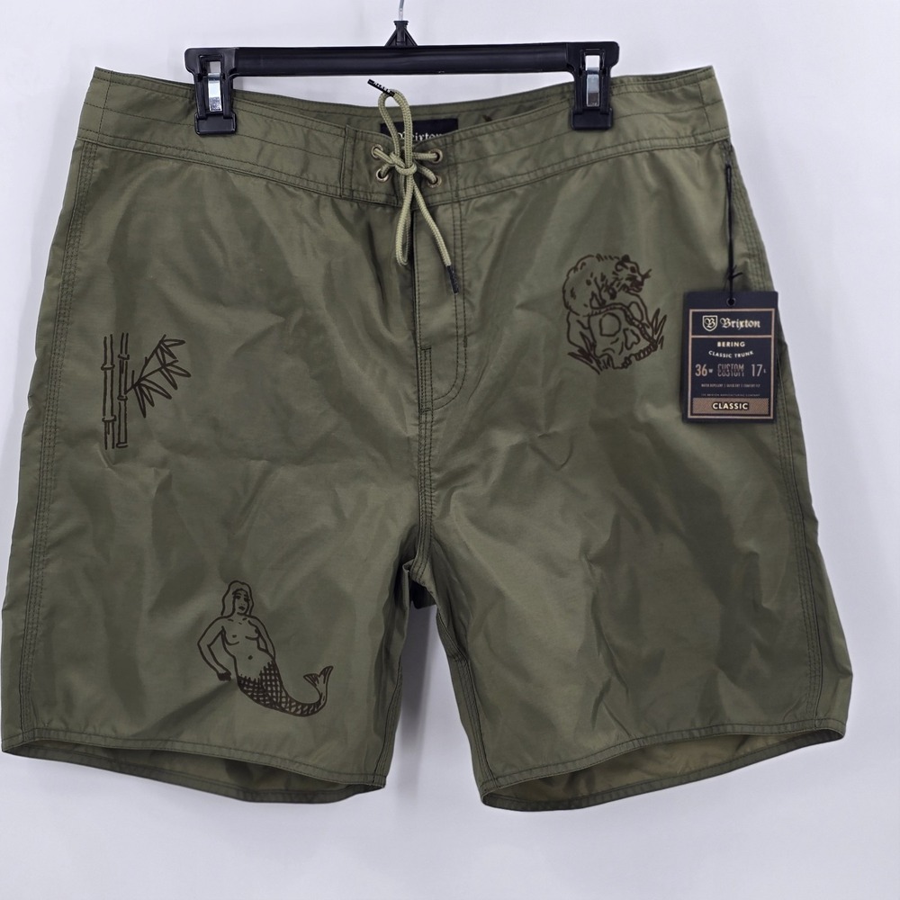 Brixton Board Shorts Mens Sz 36‎  Nylon Trunk Olive Relaxed Fit Surfing